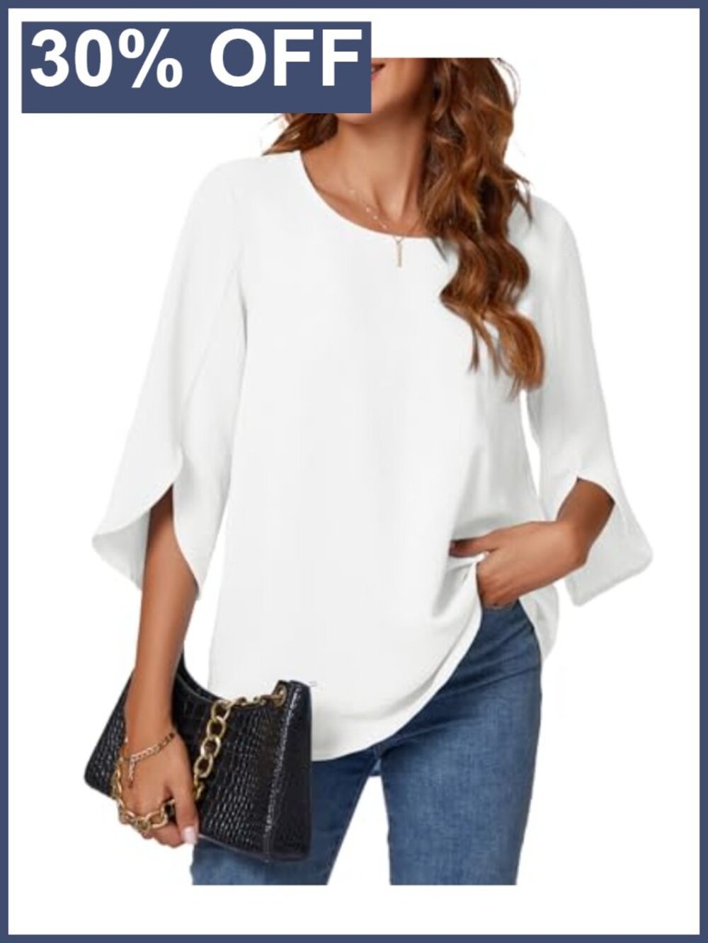 Womens 3/4 Bell Sleeve Blouse Pleated Back Business Casual Top